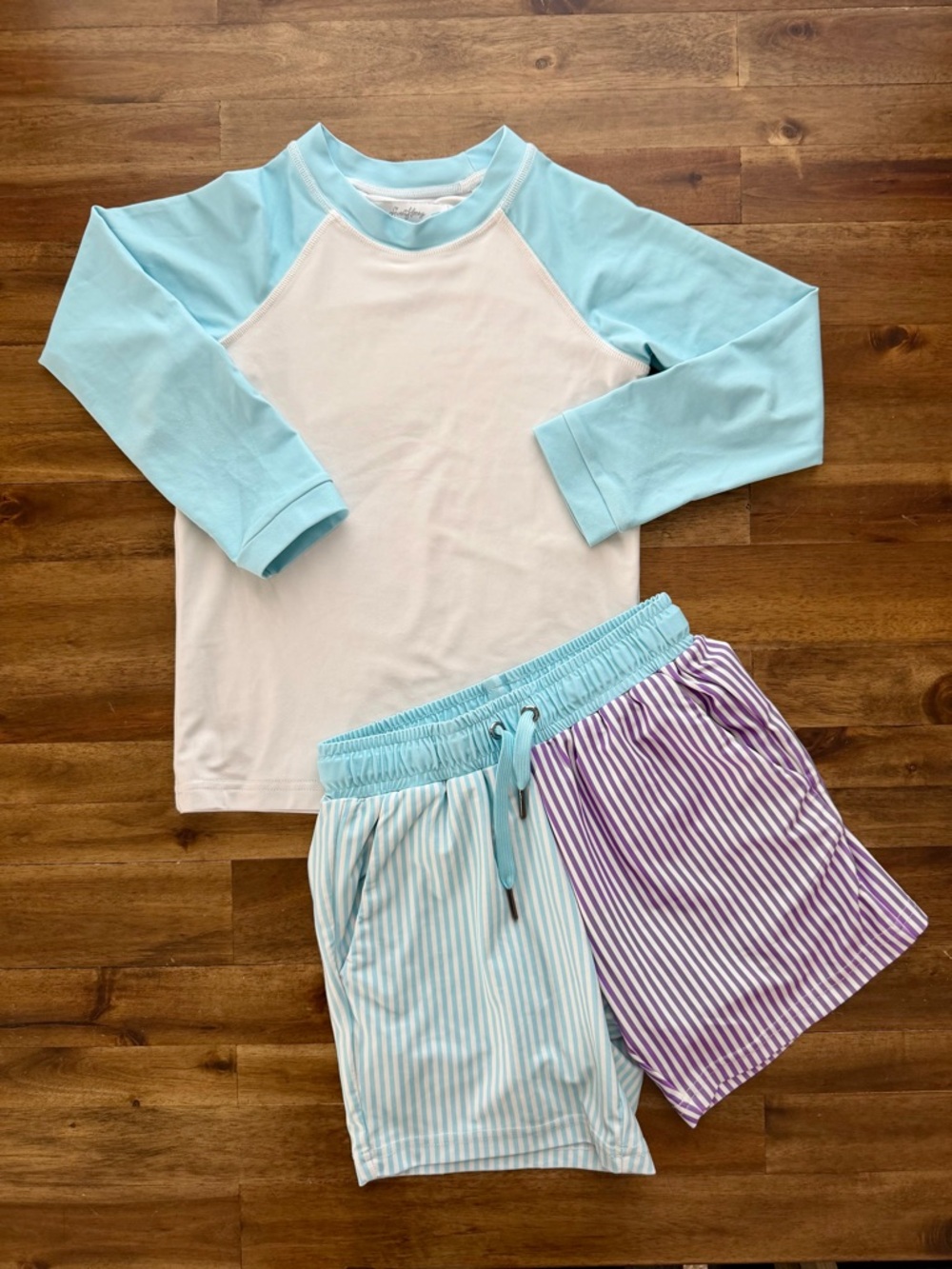 SweetHoney Boys Rashguard & Swim Shorts Set 6 Snowcone Stripe Blue White Purple